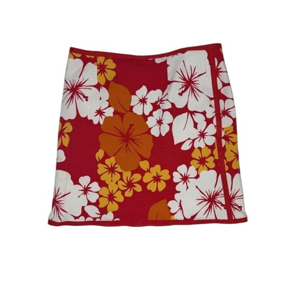 Nine West Red Hibiscus Floral‎ Mini Skirt Size 8 Tropical Cotton Stretch B3-03